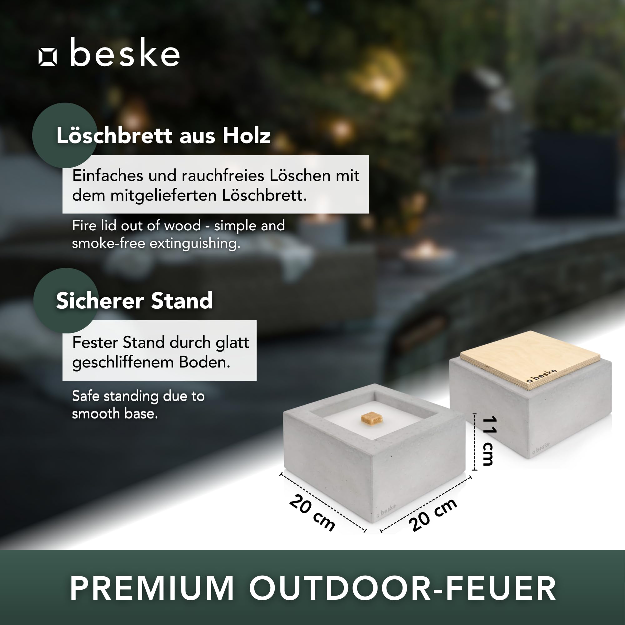 Das Original der Beske-Manufaktur | Modell 'Kula' | 20 x 20 x 11 cm mit Dauerdocht | Wiederbefüllbare Fackel | Unendliche Brenndauer | Recycling von Kerzenwachs
