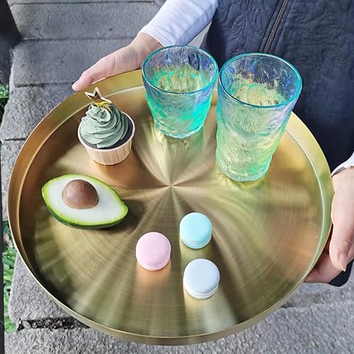 Miniatura 5 de Bandeja decorativa redonda de metal dorado de 14 pulgadas, bandeja dorada con acabado espejo con pared de 1 pulgada, bandeja de mesa circular de