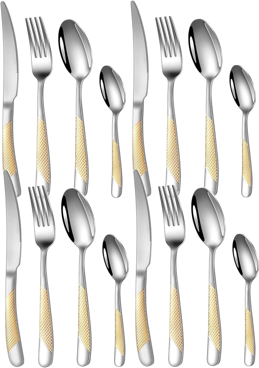 Mirror Finish Gold Plated Stainless Steel Flatware Set Copper Silverware Set Rose Gold Spoon Color Cutlery Set [Dinner Fork-Tea Spoon-Salad Spoon-Knife] Set of (Golden DOT, 16)
