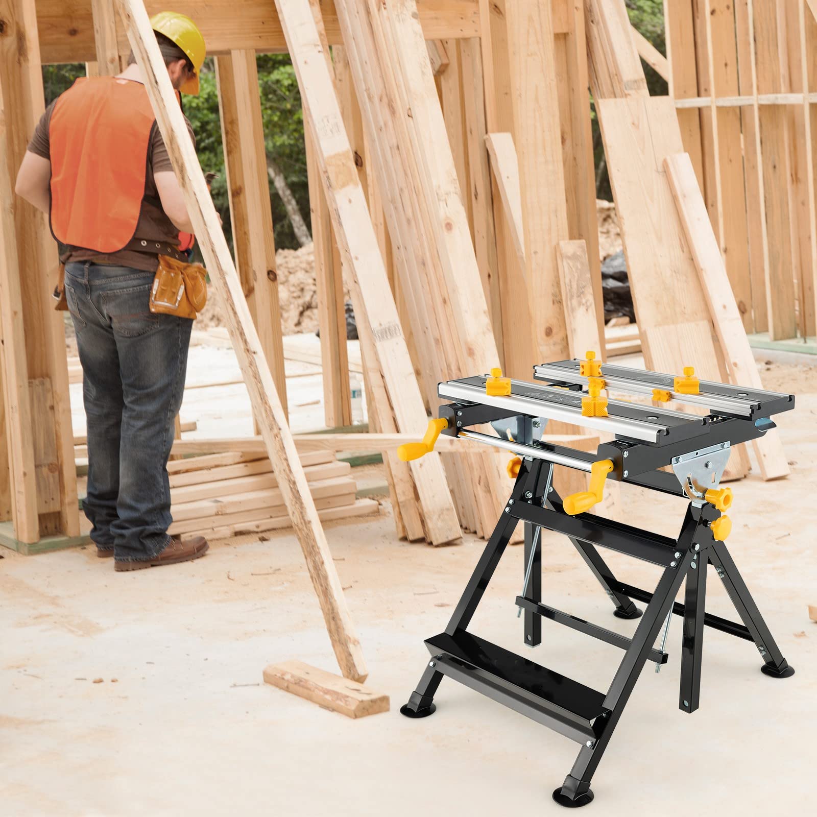 GYMAX Spann- und Arbeitstisch klappbar, tragbarer Untergestell 7-stufig höhenverstellbar, Arbeitsplatz mit ausziehbarer Tischplatte, Werkbank zum Reparieren & Schweißen, inkl. 8 verschiebbaren Klemmen