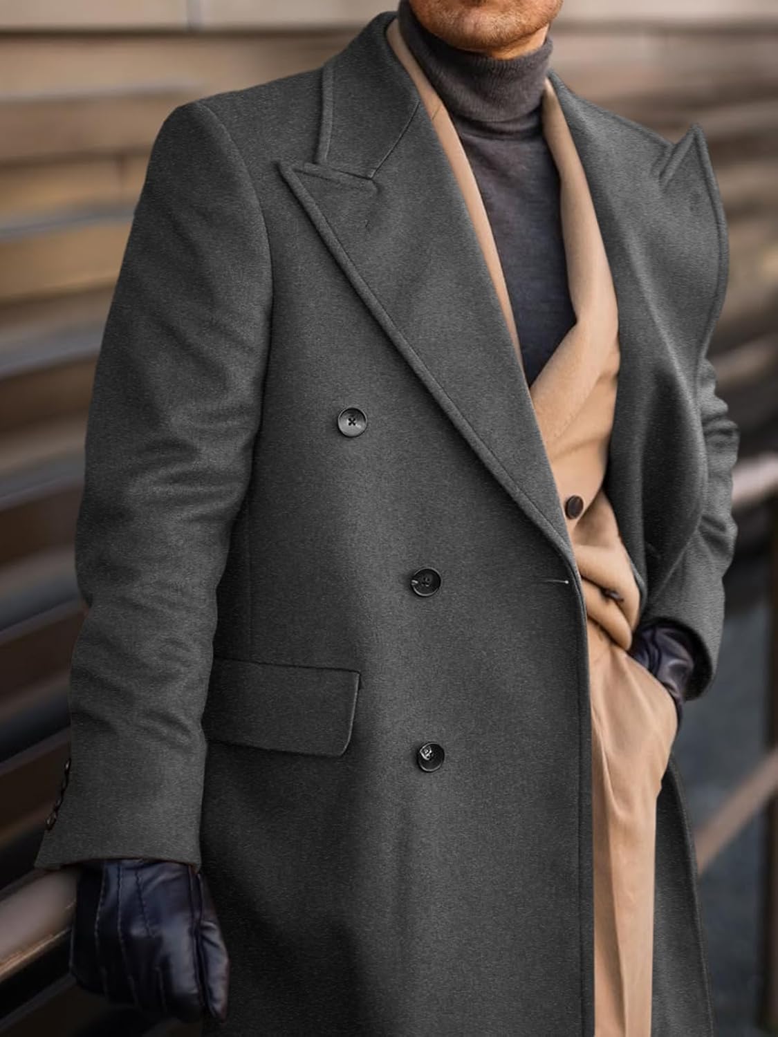 Runcati Mens Wool Blend Casual Trench Coat Notched Collar Lapel Long Jacket Peacoat Double Breasted Classic Winter Overcoat - Image 3