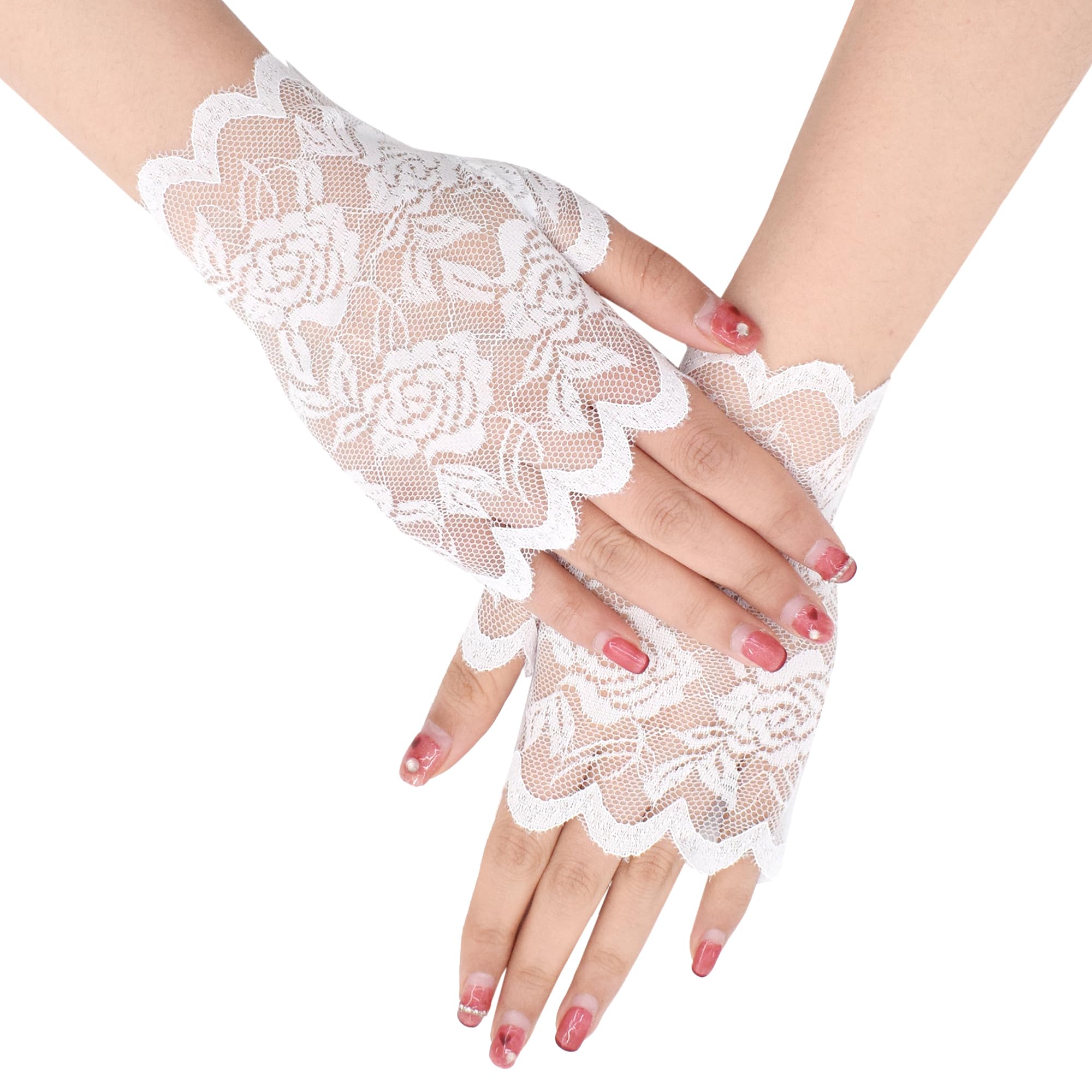 TeeYeeWomen's Short Lace Half Finger Lace Sunscreen Gloves Open Finger Etiquette Wedding Decoration Gloves