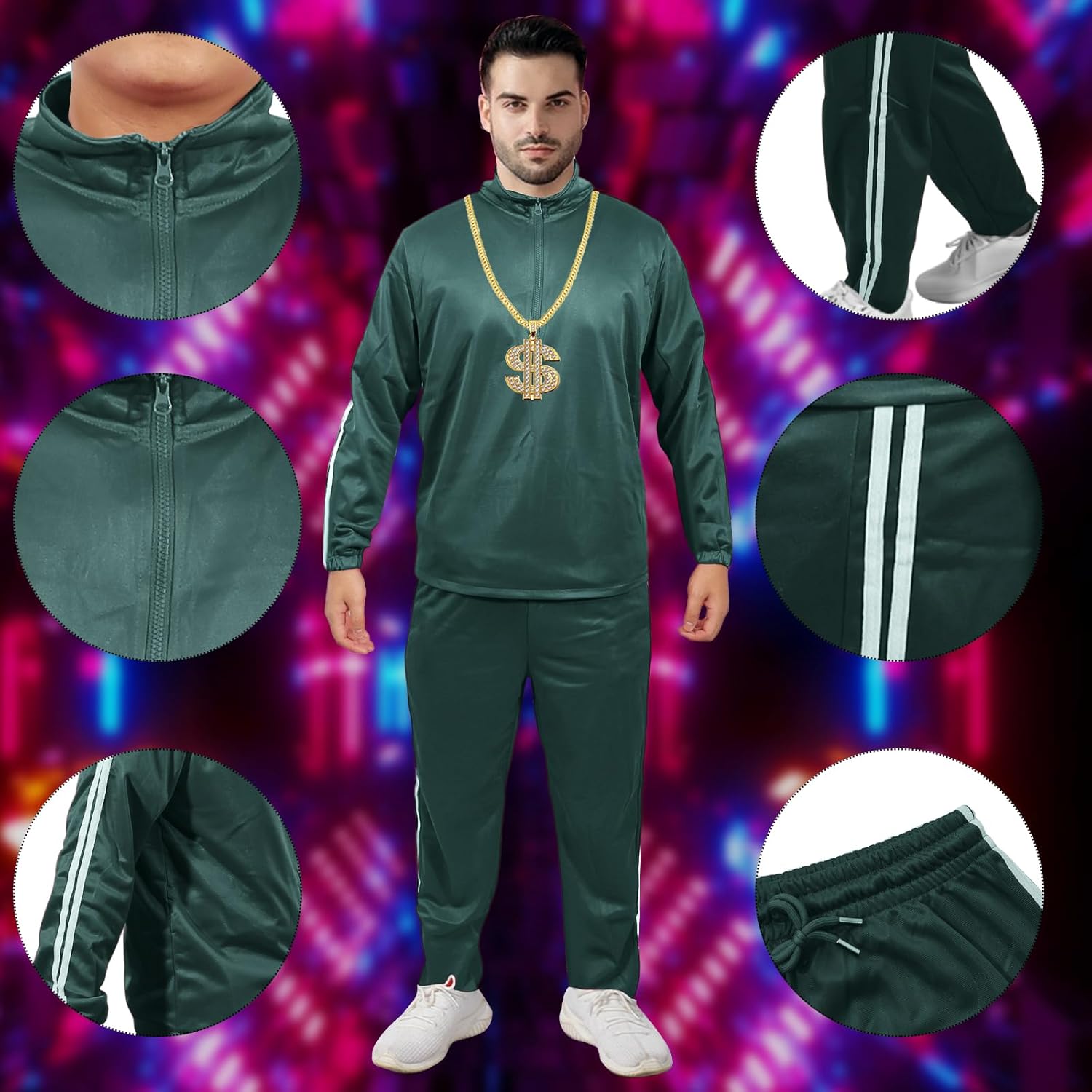 11PCS 80s 90s Outfit for Men Halloween Tracksuit Set Hat 3 Ring Dollar Ring Necklace Dollar Necklace Bracelet Glasses