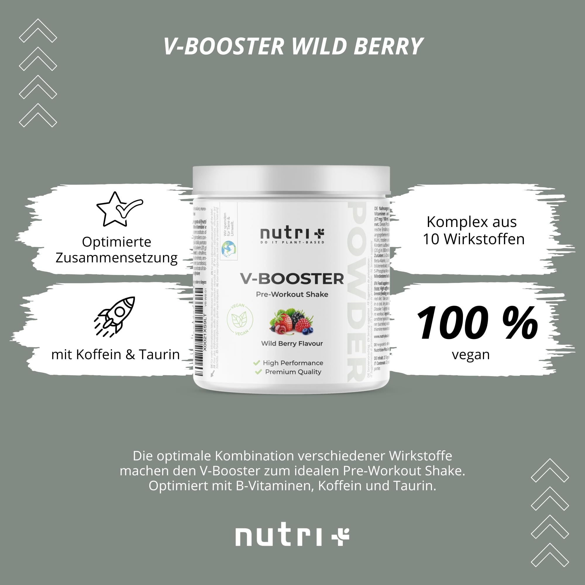 Nutri + Pre-Workout Booster Pump ohne Creatin - klumpenfrei, hochdosiert + vegan - Koffein Citrullin Arginin Beta-Alanin Taurin - Wild Berry 400 g