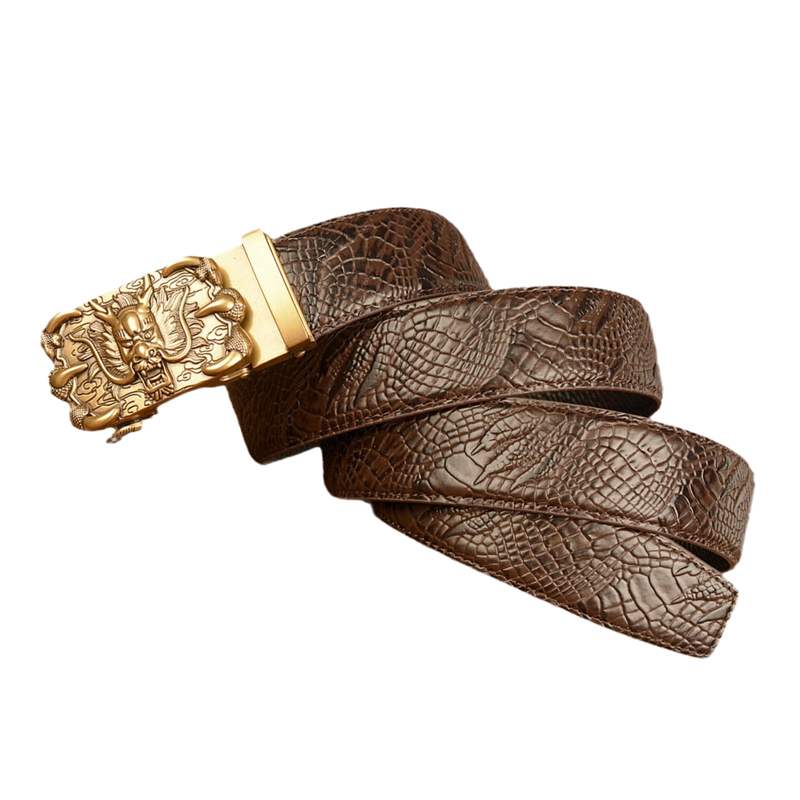 Cinturón De Trinquete Deslizante A La Moda, Hebilla Automática Dragón Con Patrón Cocodrilo, Neutro Negro Cintura 115cm/39