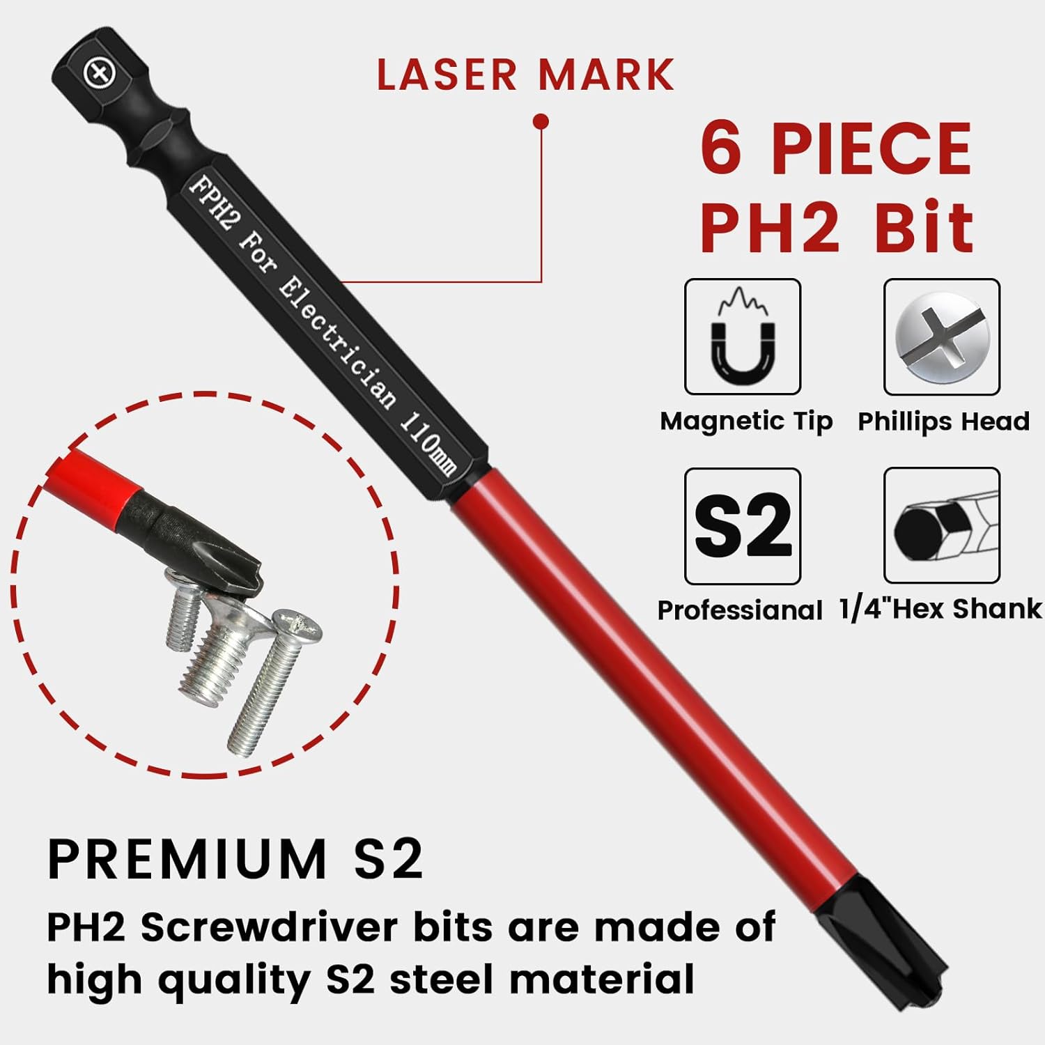 Phillips Slotted Bits for Electricians, LATTOOK 6PCS Electrician Bit Set Electricians Screwdriver Bit Combination Bits for Circuit Breakers Air Switch, FPH2#2 Phillips Bit, S2 Steel