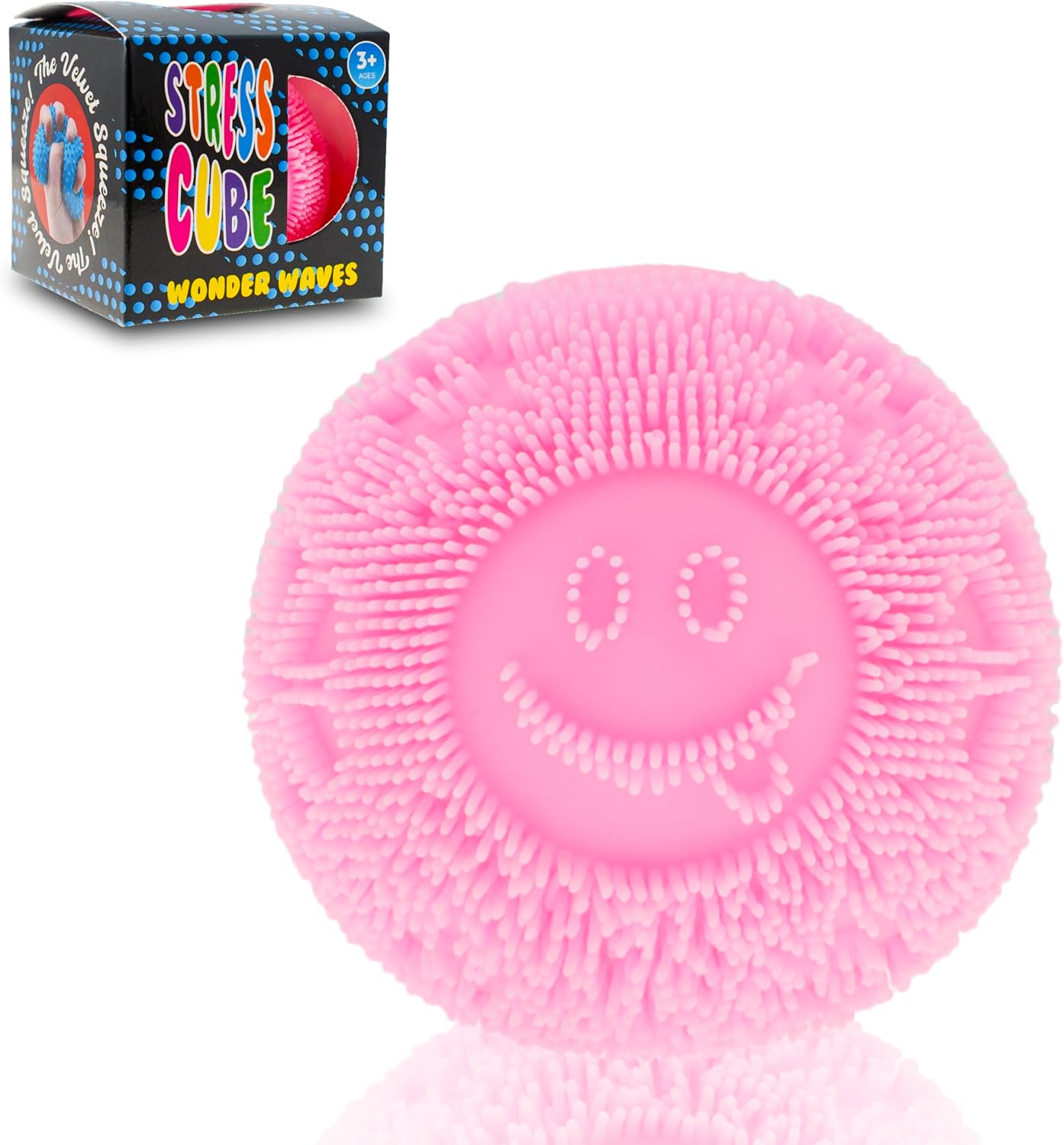 Pink Fuzz Squishy Stress Ball - Velvet Texture and Soft Cloud Squish - Fidget Toy with Smiley Face for Anxiety Relief, Sensory Play for Kids & Adults, Perfect for Office & School