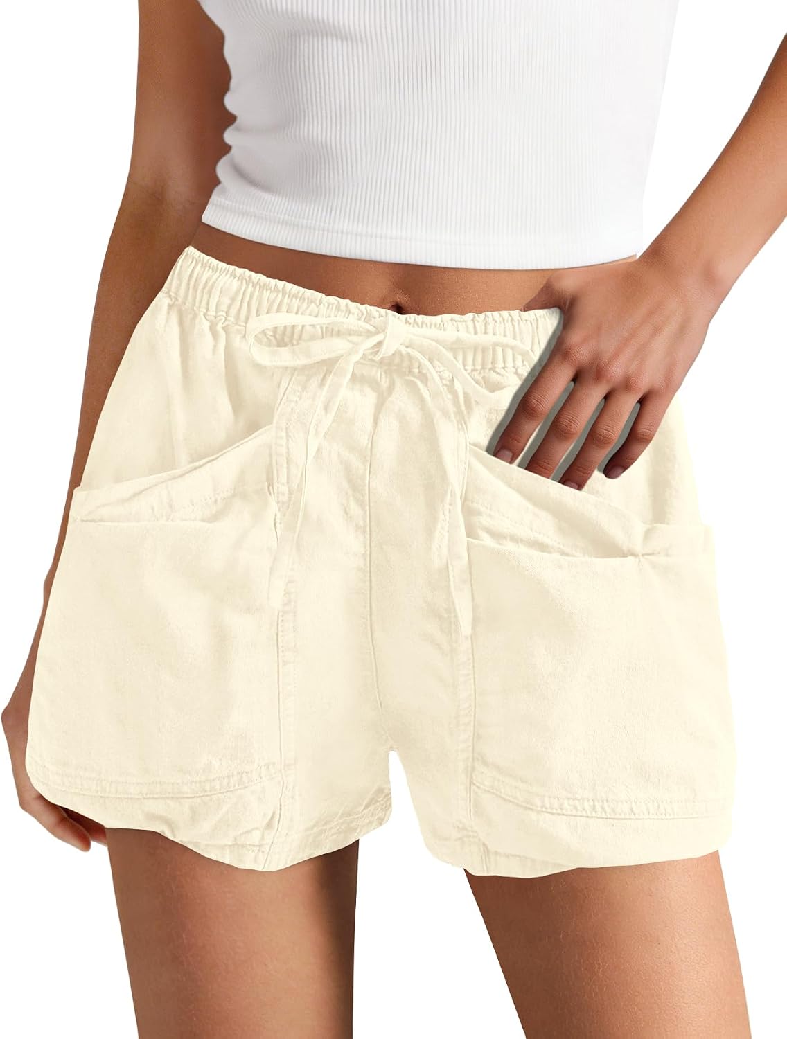 Yanekop Womens Cotton Linen Shorts High Waisted Drawstring Cargo Shorts