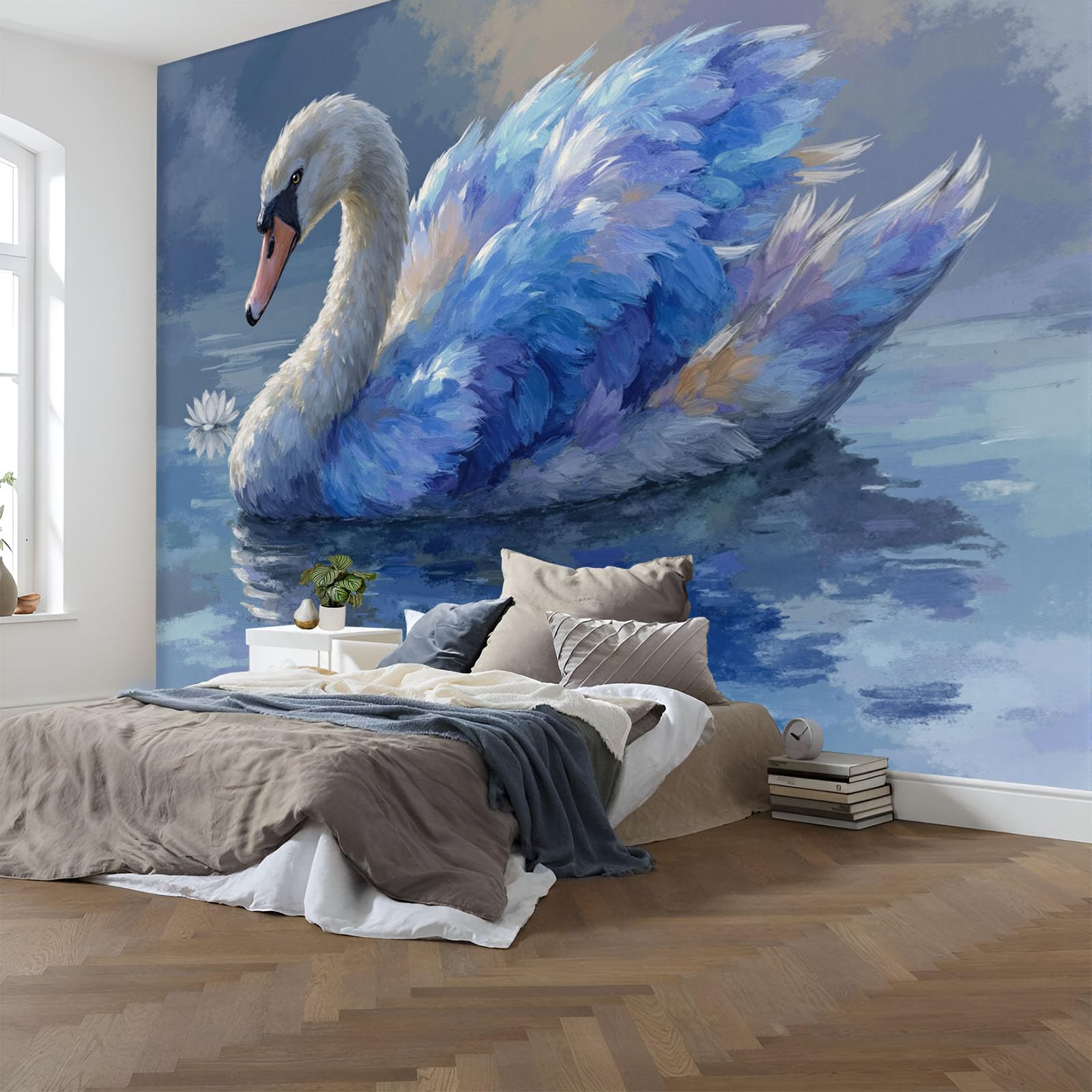 Papier peint intissé cygne bleu clair 200x140 cm décor fresque murale