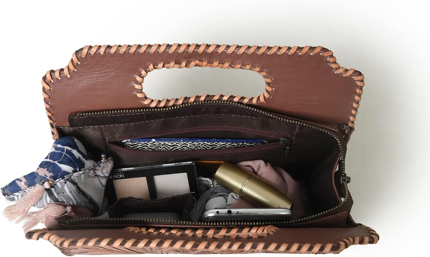 Western Handcrafted Leather Clutch Purse - Vintage Floral Design, Handmade Embossed Handbag for Women