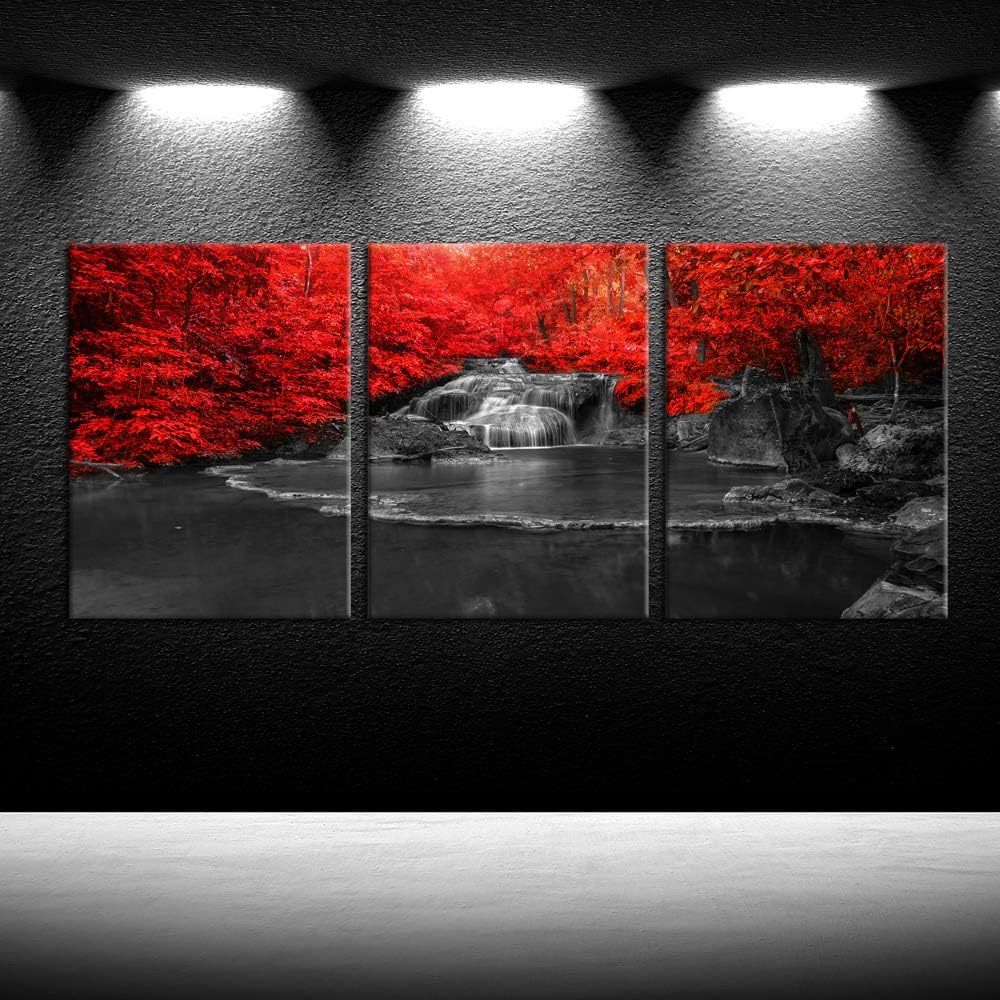 iKNOW FOTO 3pcs Black and White Red Waterfall Canvas Prints Wall Art For Bathroom Home Decor Modern Landscape Red Woods Pictures Printing Paintings for Bedroom 12x16inchx3pcs