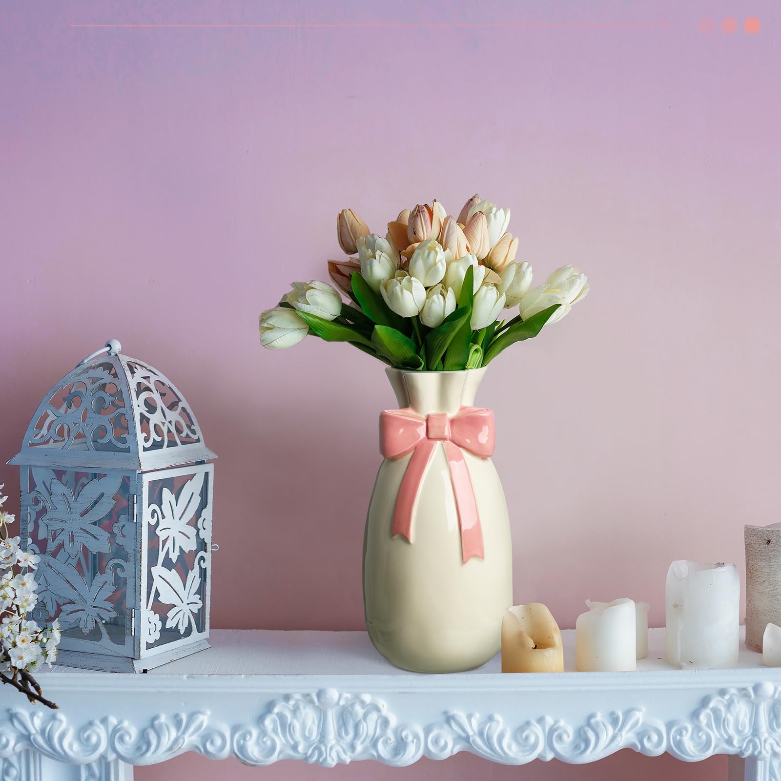 Florero de cerámica rosa para flores, bonito jarrón de flores de 9.3 pulgadas con lazo rosa decoración de habitación para decoración del hogar para estante mesa sala de estar 6