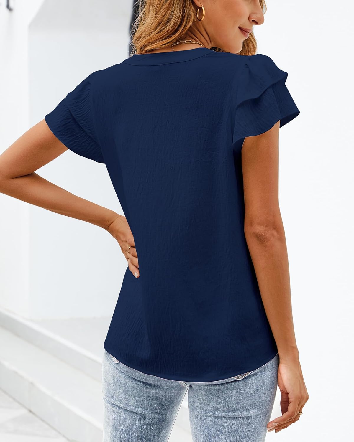 SimpleFun Womens Business Casual Tops Ruffle Short Sleeve V Neck Flowy Dressy Summer Blouses Shirts - Image 4