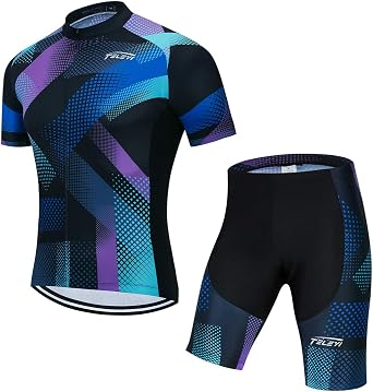 Mens Cycling Jersey Set+5D Padded Bicycle Shorts Bike Short Sleeve T-Shirt Jacket Quick-Dry 3-Pockets S-3XL