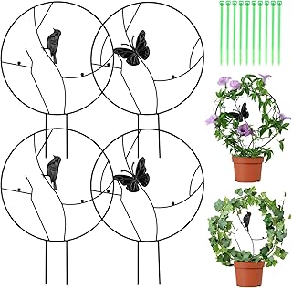Number-one 4 Pcs Plant Trellis for Climbing Plants Indoor Metal Trellis with 20 Straps Ties 16.3" Garden Trellis for Climbing Plant Potted Round Plant Support Stakes for Flowers Vegetable Fruits Vines
