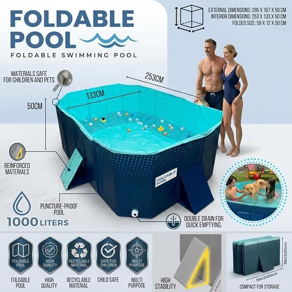 INDUSTEX Foldable Swimming Pool -1000L- PVC Garden Paddling Pool – Portable Rectangular Outdoor Pool 253x133x50cm – Easy Assembly, Durable & Space-Saving Summer Family Pool - 2