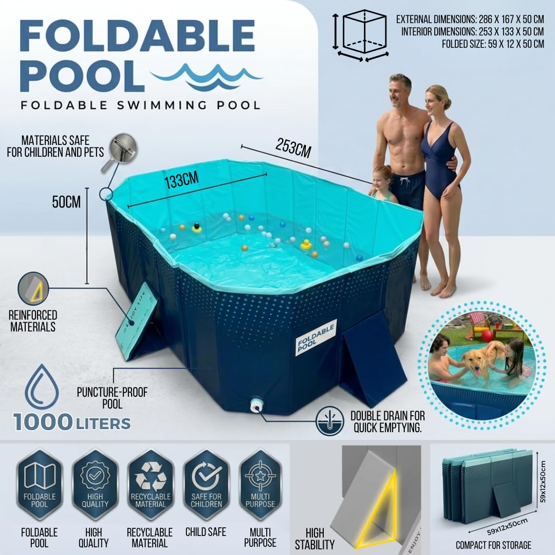 INDUSTEX Foldable Swimming Pool -1000L- PVC Garden Paddling Pool – Portable Rectangular Outdoor Pool 253x133x50cm – Easy Assembly, Durable & Space-Saving Summer Family Pool — view 2