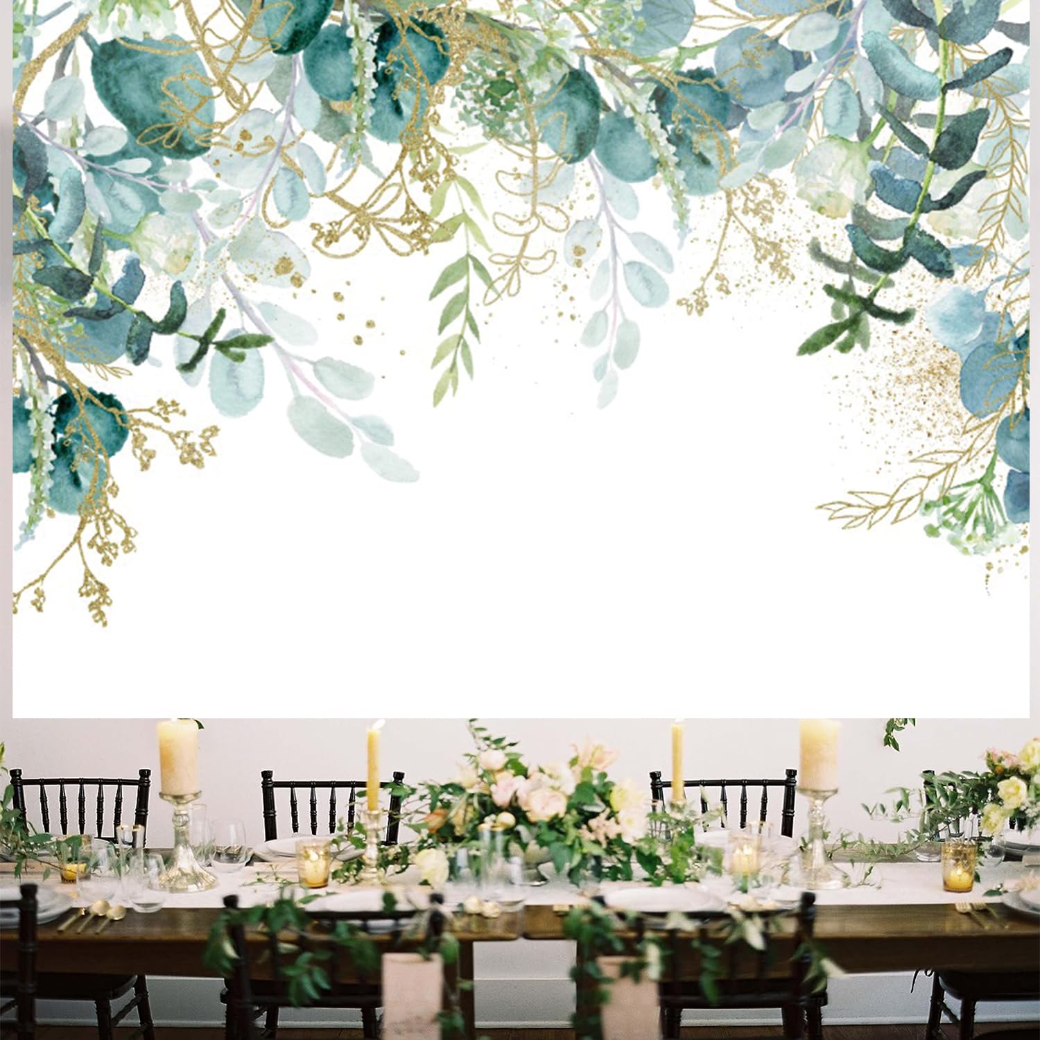 2.4x1.8m Telón de Fondo Verde Oro y Hojas de eucalipto Verde Fotografía Fondo Novia Baby Shower Cumpleaños Fiesta de Bodas Decoraciones Banner Photo Booth Props