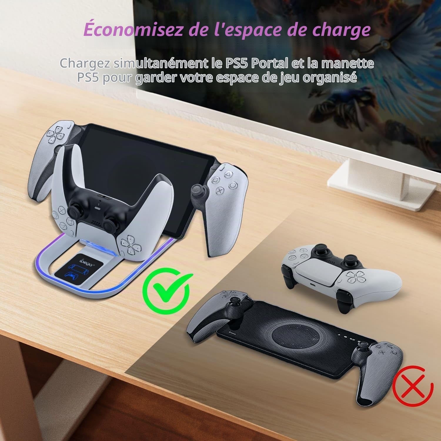 Mcbazel RGB Station de Chargement pour PS Portal Remote Player, Support de Charge Vertical Chargeur Manette, 14 Effets Lumières RGB pour PS Portal Remote Player/PS5 Controller