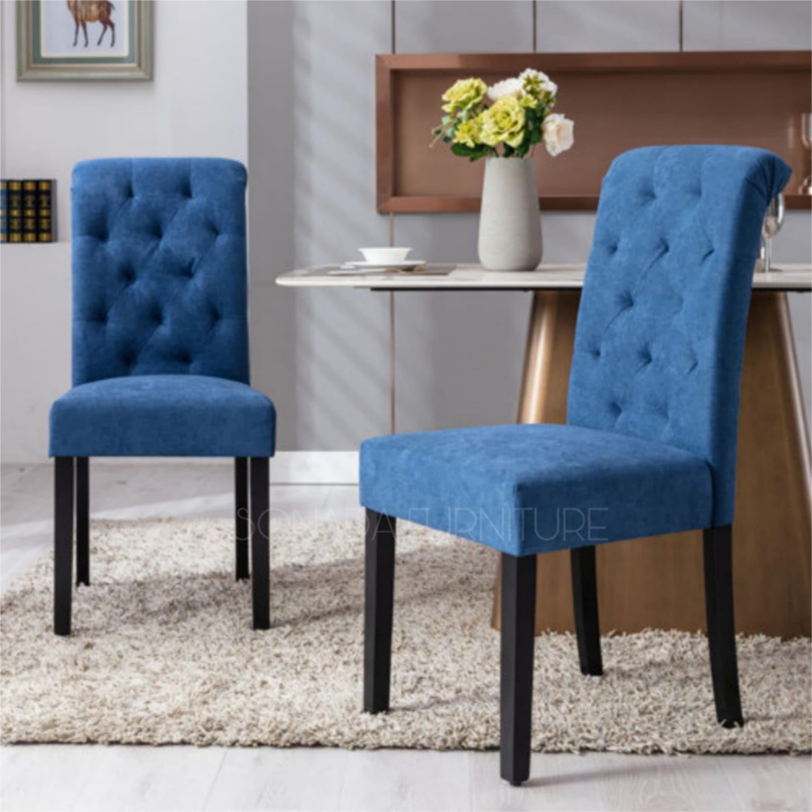 Modern Accent Set of 2 Dining Chairs for Living Room, Bedroom,Restuarant,Hotel,Office|Dinning Sofa Chair with Upholstery Cushion|Velvet Fabric & Cushion Seat with Metal Legs(Blue 2)-image-49