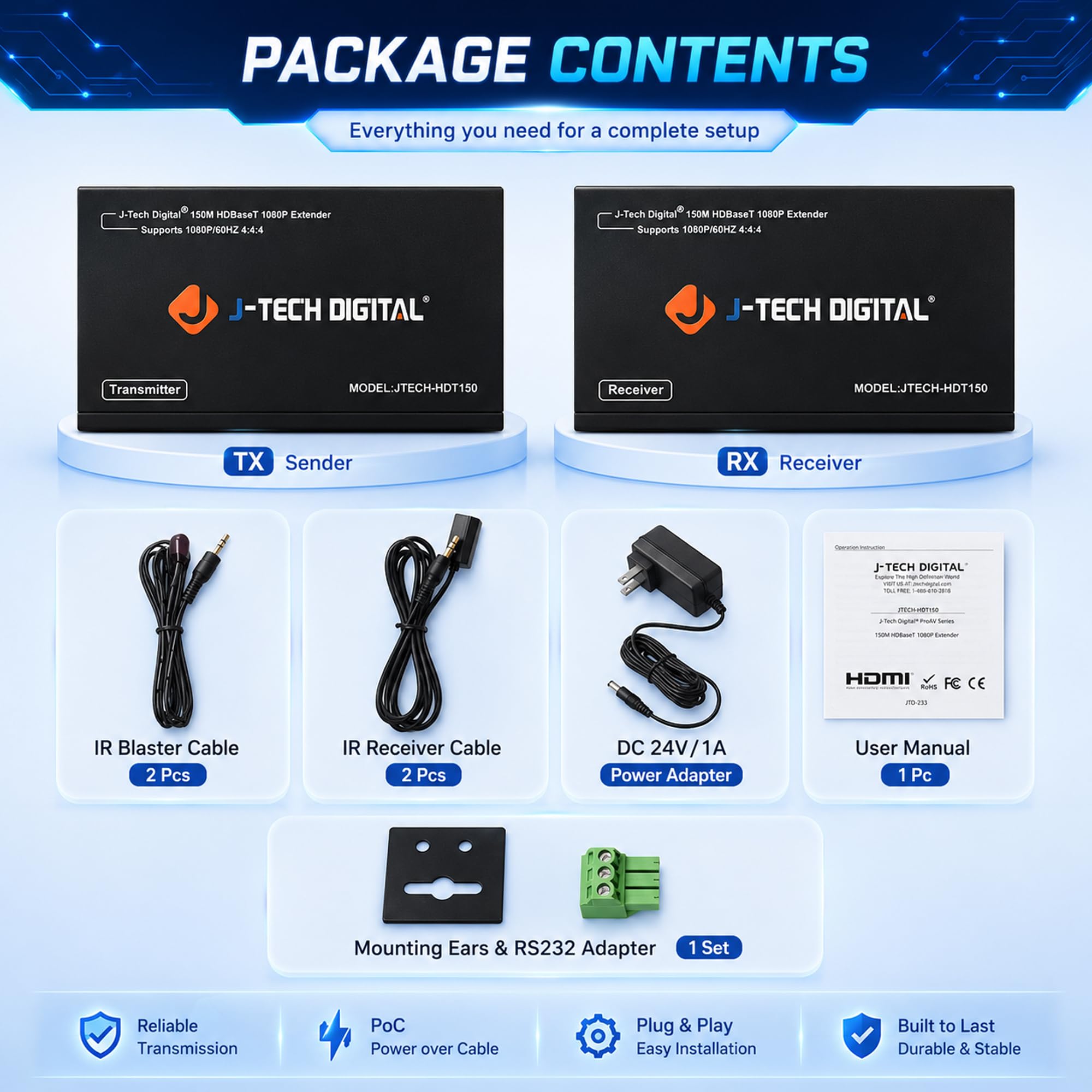 J-Tech Digital Extender HDMI a lungo raggio su Cat6 150 m/492ft HDBaseT 1080P Extender PoC, IR bidirezionale, supporta Dolby Digital, DTS, con passthrough EDID, CEC e RS-232 (JTECH-HDT150)