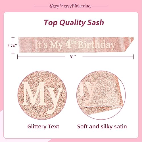 Miniatura 3 de VeryMerryMakering Banda y tiara de cumpleaños número 4 para niñas, fabulosa banda con purpurina + flores de diamantes de imitación rosa tiara de