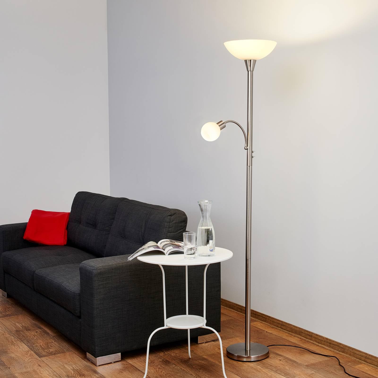 Lindby Stehlampe, Deckenfluter verstellbarer Lesearm Standleuchte Glas Metall 1x E27 max. 15W und E14 10W ohne Leuchtmittel Standlampe