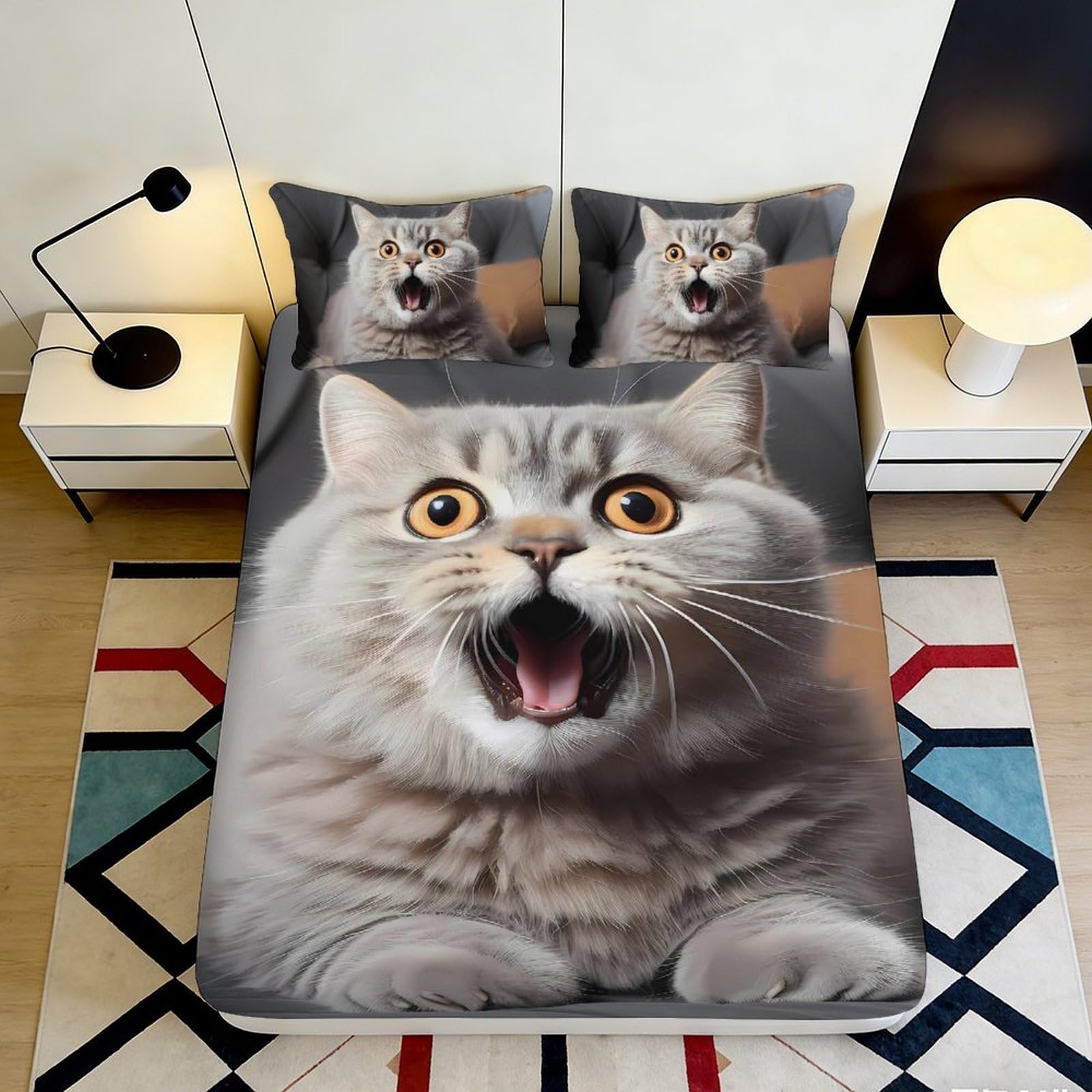 Pnayamiorkfel Style-2 3D Printed Surprised Cat Fitted Sheet Microfiber Soft Anti-Slip Bed Cover For Bedroom Guest Room Decoration Easy Care 90X200x25cm