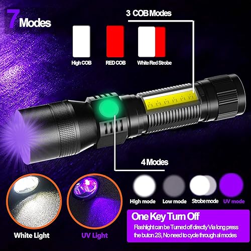 Miniatura 7 de Linterna UV de luz negra recargable 3 en 1 súper brillante linterna táctica LED UV y luz roja 2000 lúmenes 7 modos zoomable linterna de bolsillo