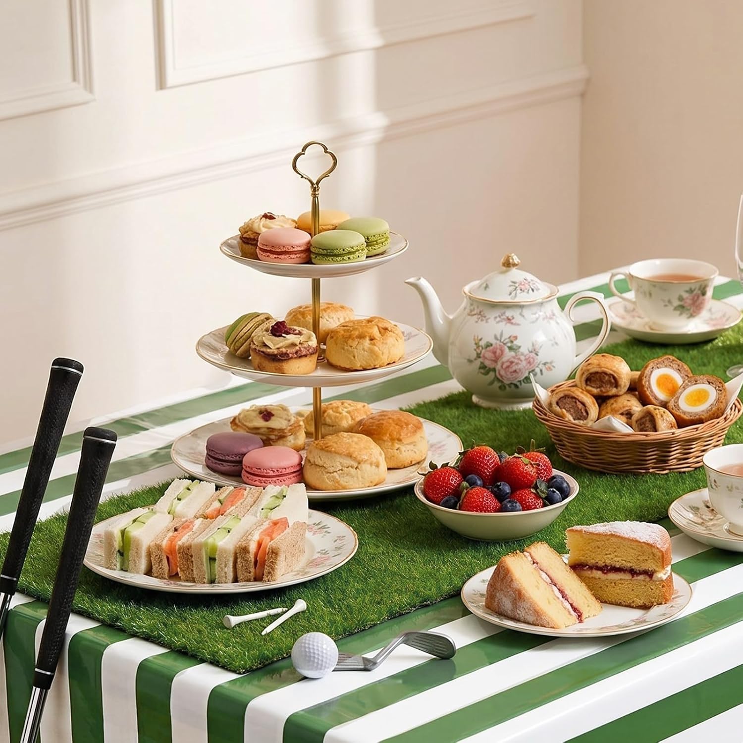 3 Pcs Green Striped Tablecloth 54 x 108 Inch Dark Green and White Disposable Waterproof Print Table Cloth for Kitchen Dining Outdoor Picnic Birthday Party Tabletop Modern Decoration