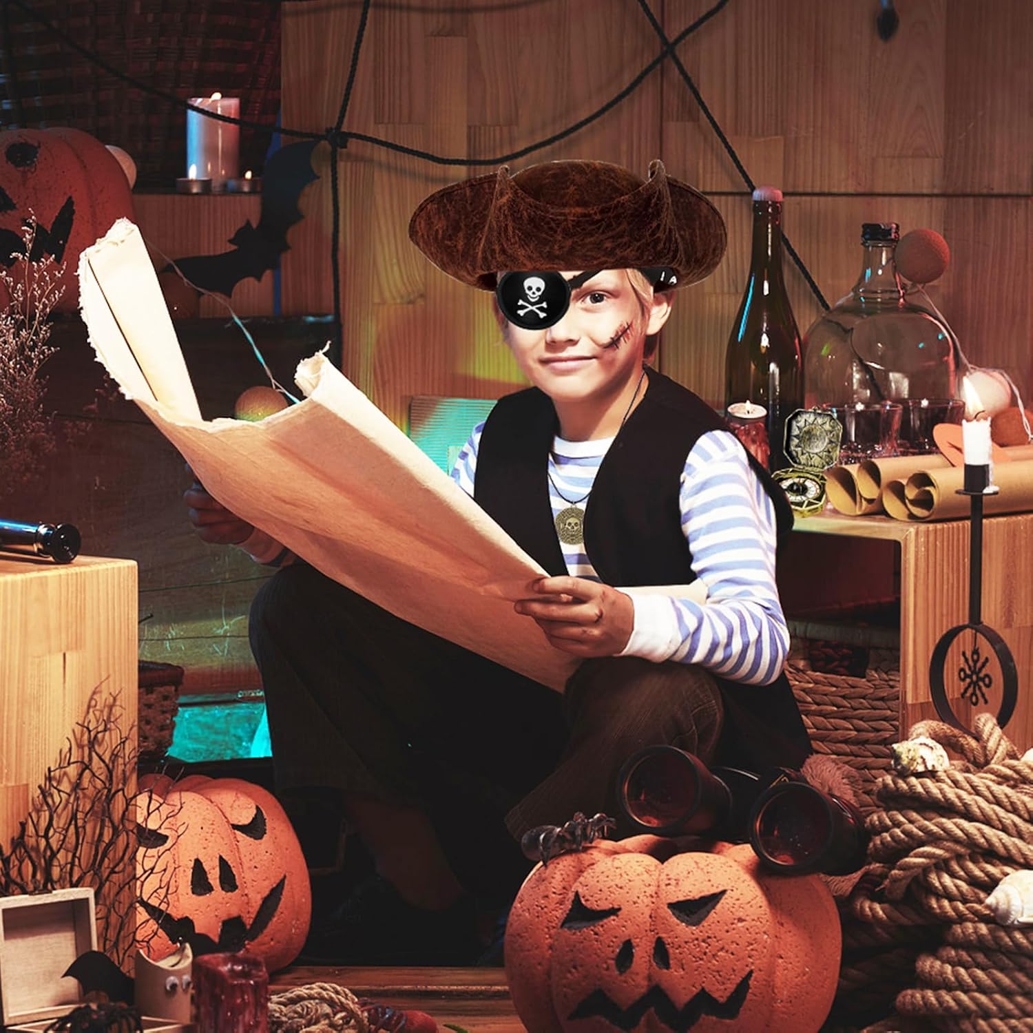 4PCS Pirate Hat,Renaissance Pirate Tricorn Hat with Eye Patch & Necklaces for Male Female Halloween Cosplay - Image 7