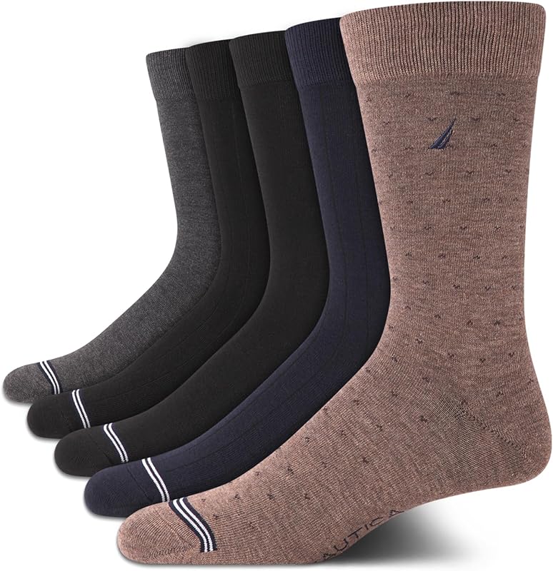 Nautica Mens Dress Socks Business Formal Comfort Stretch Crew Socks 5 Pack | Lightweight Minimalist Feel, Stretch Comfort Fabric, Reinforced Heel and Toe, Mid-Calf Crew Length, Shoe Size 6-12.5