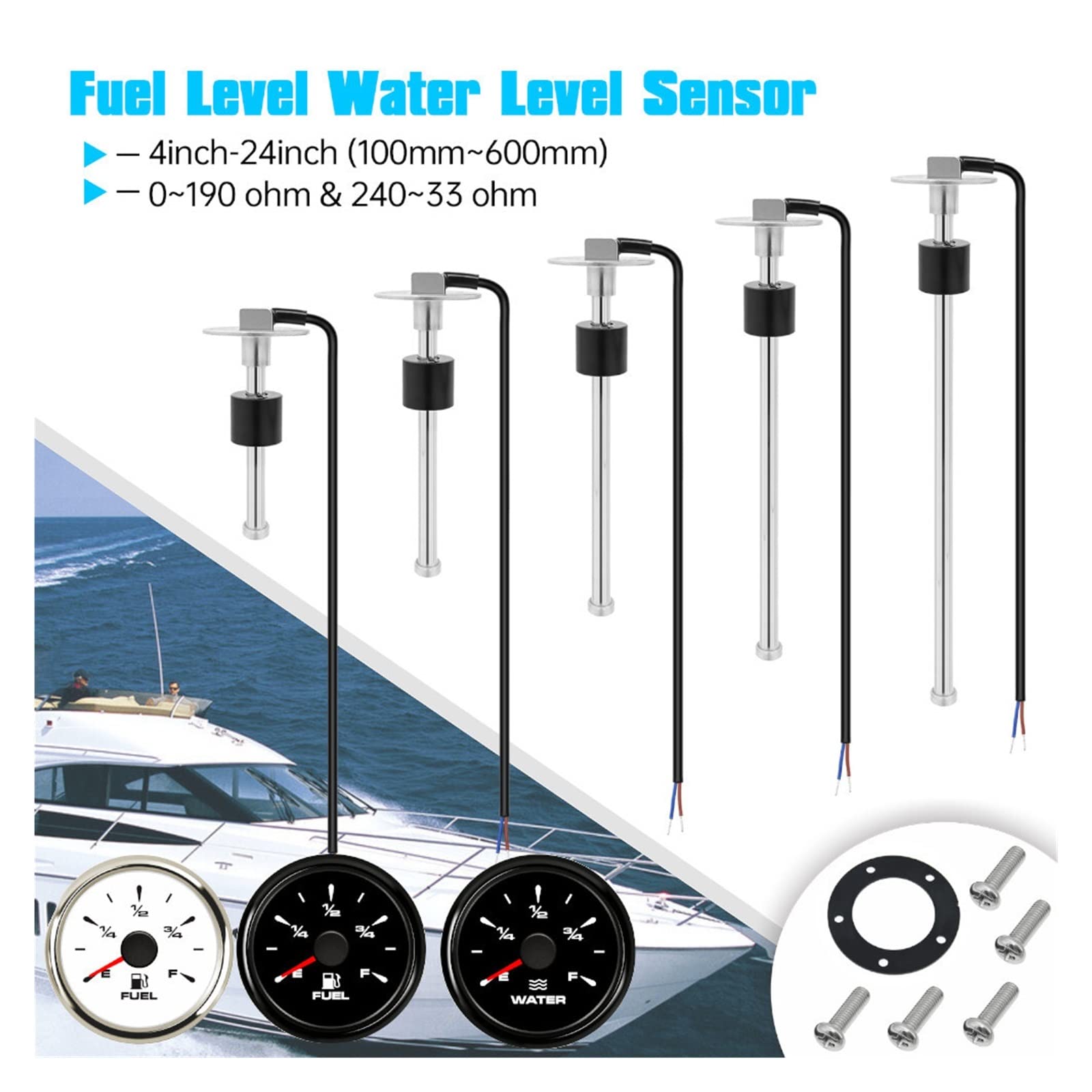 Medidor de Agua, Medidores de nivel combustible for coche y barco 52mm, medidores 0-190ohm, 240-33ohm, unidad emisora ​​de Sensor agua marina for yate(WHITE L)