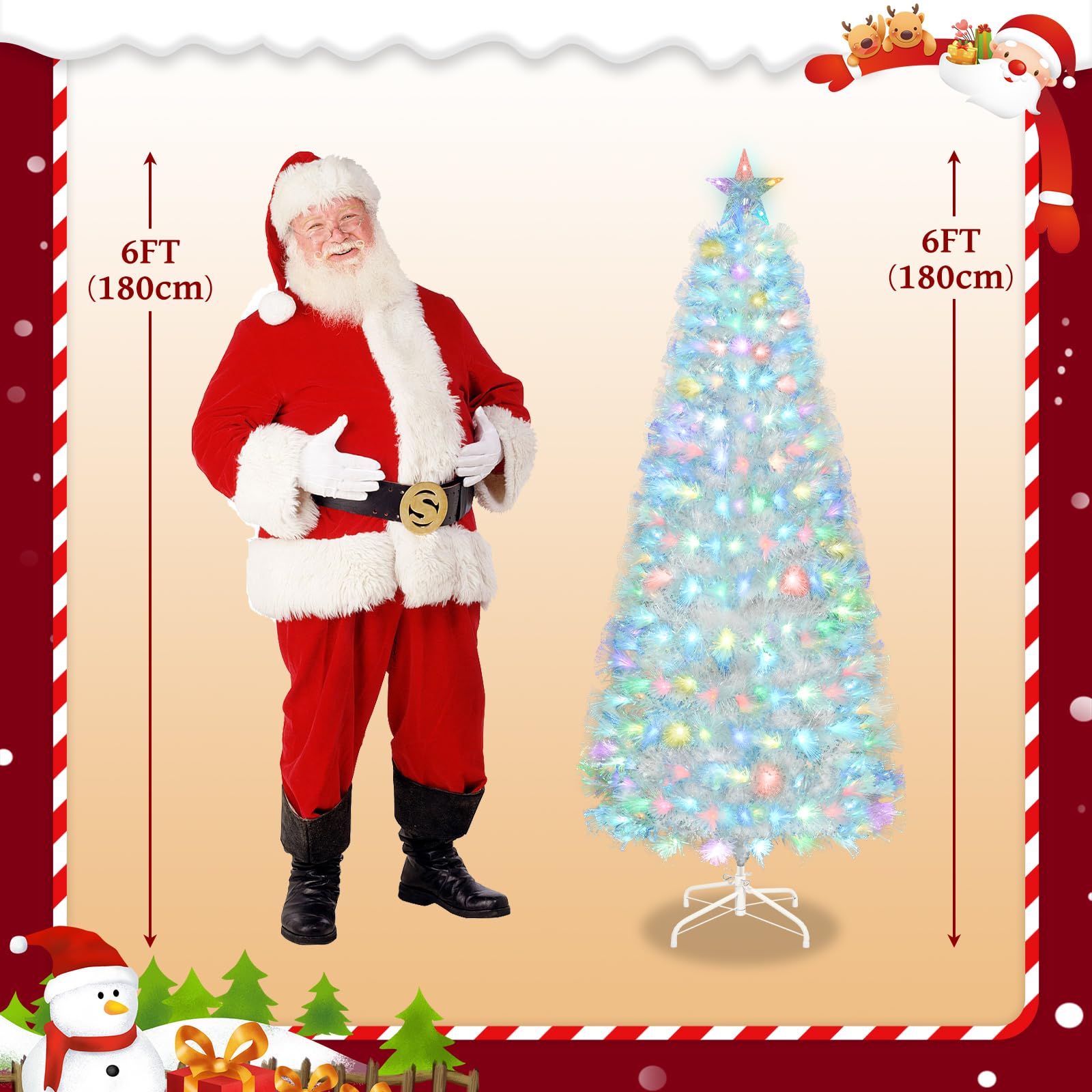Uten artificiale Albero di Natale bianco 180 cm in fibra ottica, 220 punte, luci LED 7 colori, rami in PVC ignifugo, base in metallo, decorazione interna