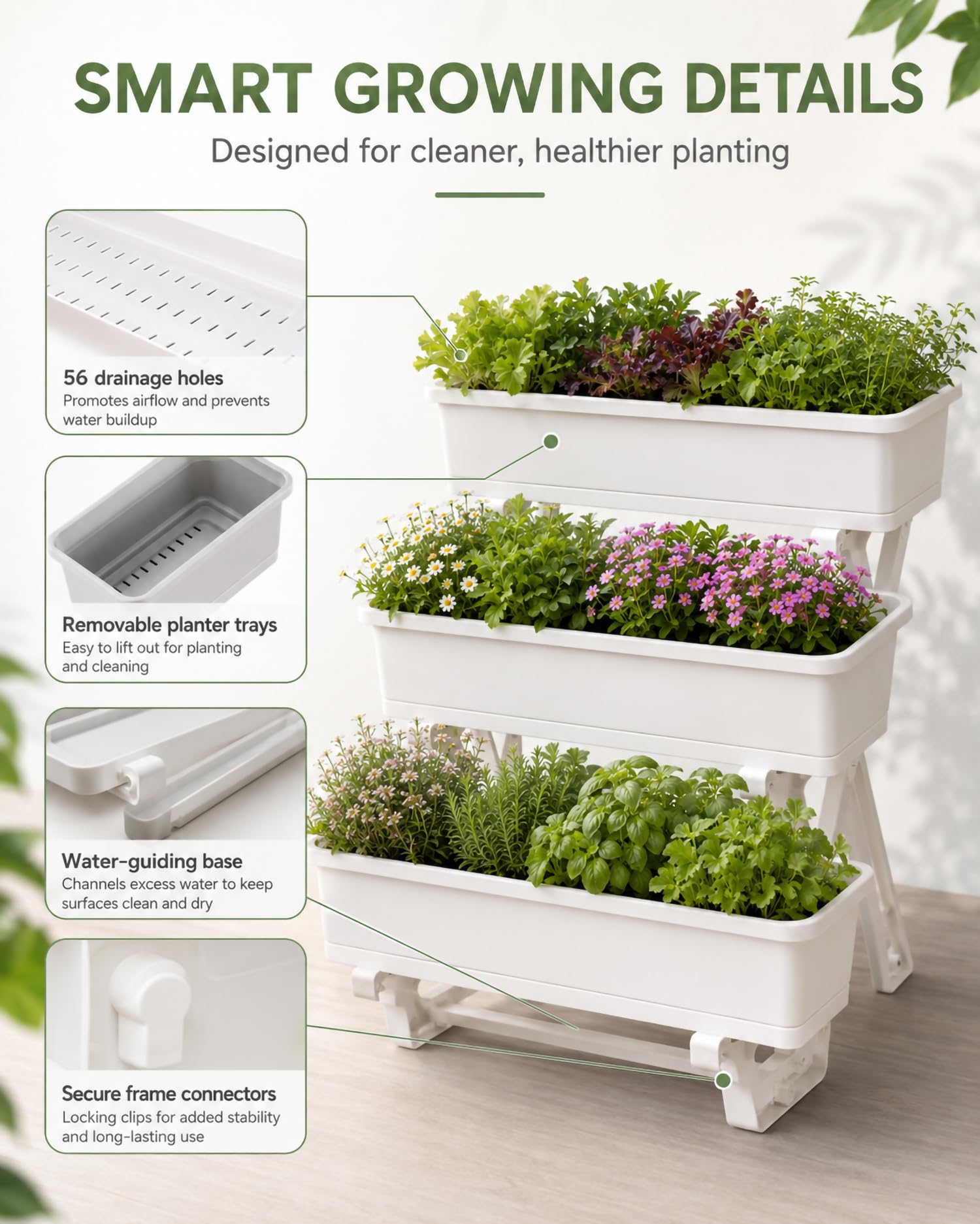 Jardinera Elevada De PP con 3 Niveles, 56 Orificios De Drenaje Y Perfil Estrecho, Mesa De Cultivo para Balcón, Huerto Urbano para Verduras, Flores Y Plantas,Blanca,72 * 58 * 75cm