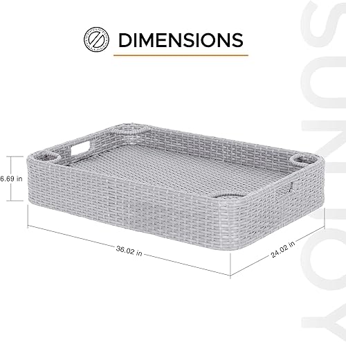 Miniatura 7 de SUNJOY Bandeja flotante de mimbre de 36 x 24 pulgadas. Accesorio de piscina con marco de aluminio, bandeja flotante para servir bebidas, aperitivos