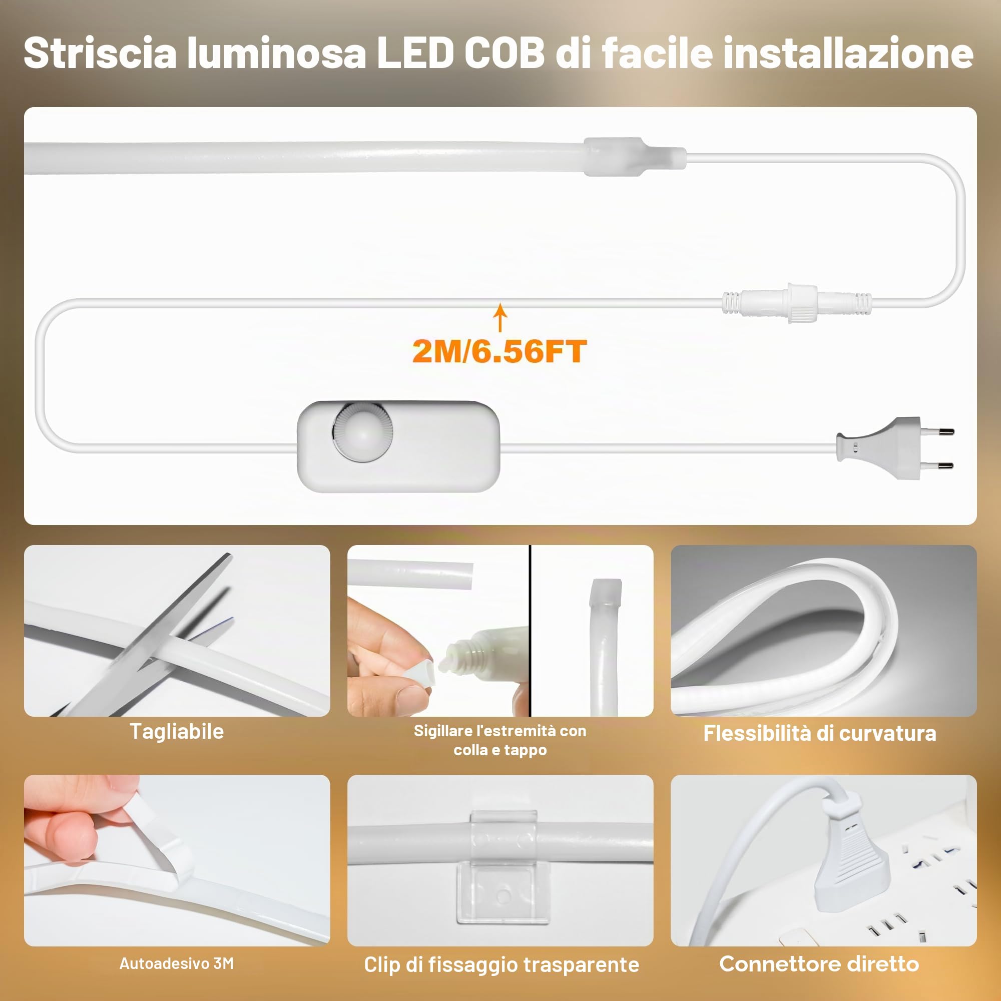 Striscia LED COB Esterno Impermeabile IP67 Spina Diretta, 20M Striscia Led 220V Luminosità per Esterni con Doppio Controller Fusibile, 6500K LED COB Bianca per Commerciali da Giardino e Patio