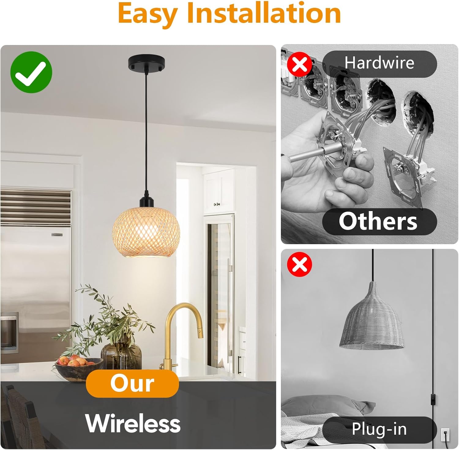 Boho Pendant Light Battery Operated,Rechargeable Woven Pendant Light with Remote,Rattan Pendant Light Fixtures for Kitchen Island,Wicker Hanging Lights for Dining Room Bedroom Hallway Entryway.