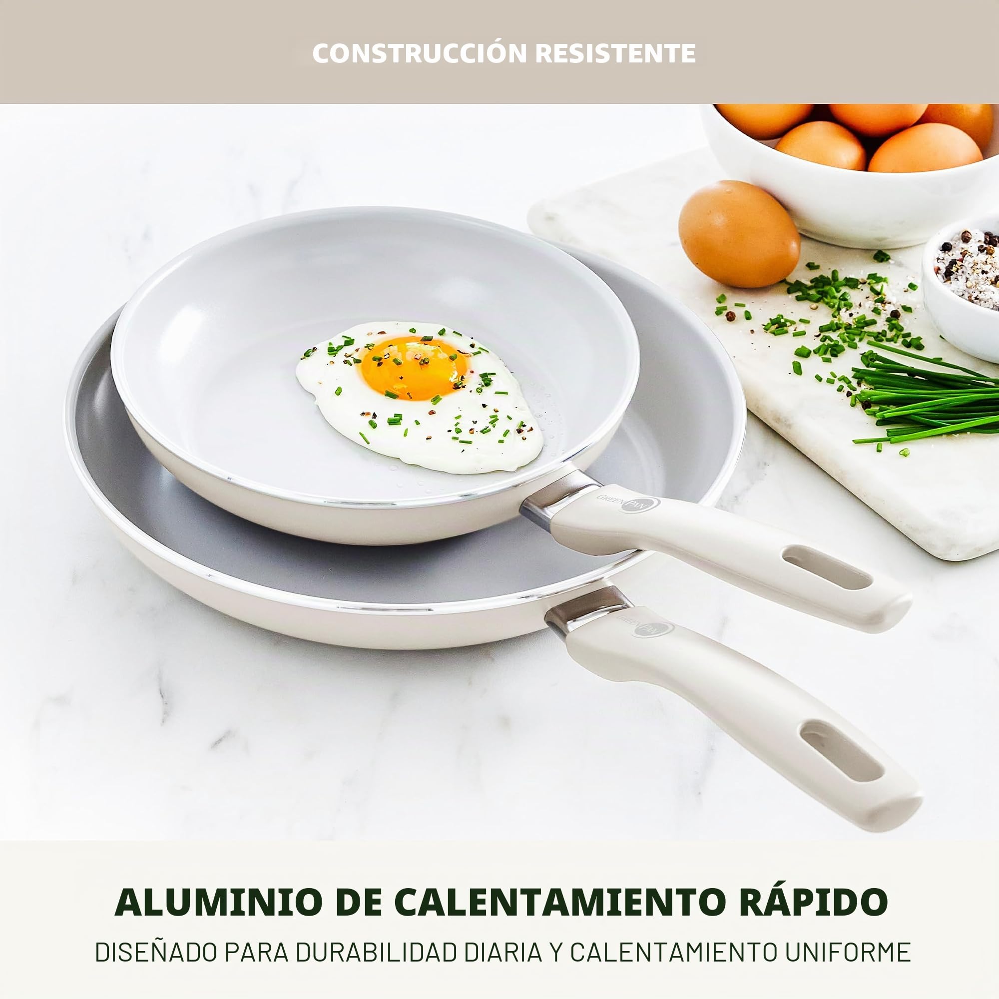 Greenpan Dover - Juego de sartenes antiadherentes de cerámica saludable, de 8 y 10 pulgadas, sin PFAS, aptas para lavavajillas, mango de agarre cómodo, color blanco crema