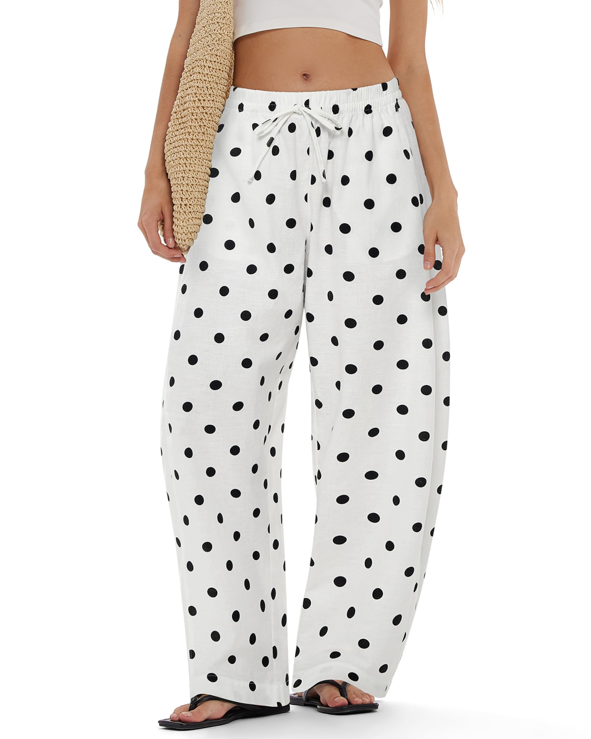 MOOSLOVER Women Linen Lightweight Barrel Pants Drawstring Comfort Casual Lounge Pants Baggy Loose Ankle Pants with Pocket