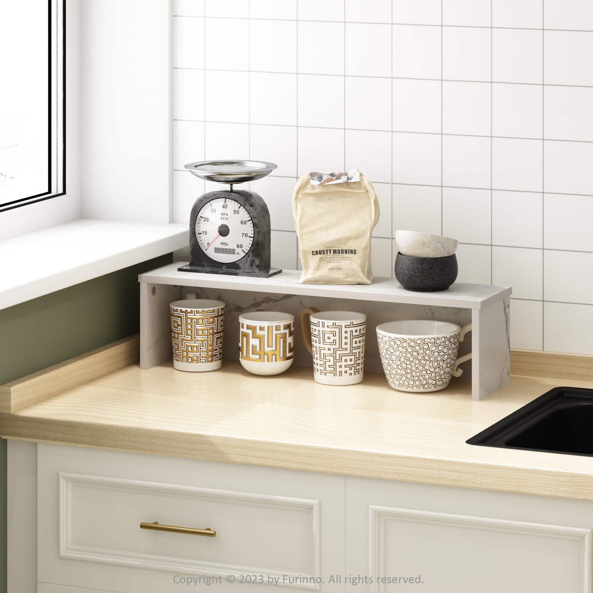 Furinno Helena mensola organizer impilabile da bancone da cucina da 60 cm, Marmo Bianco
