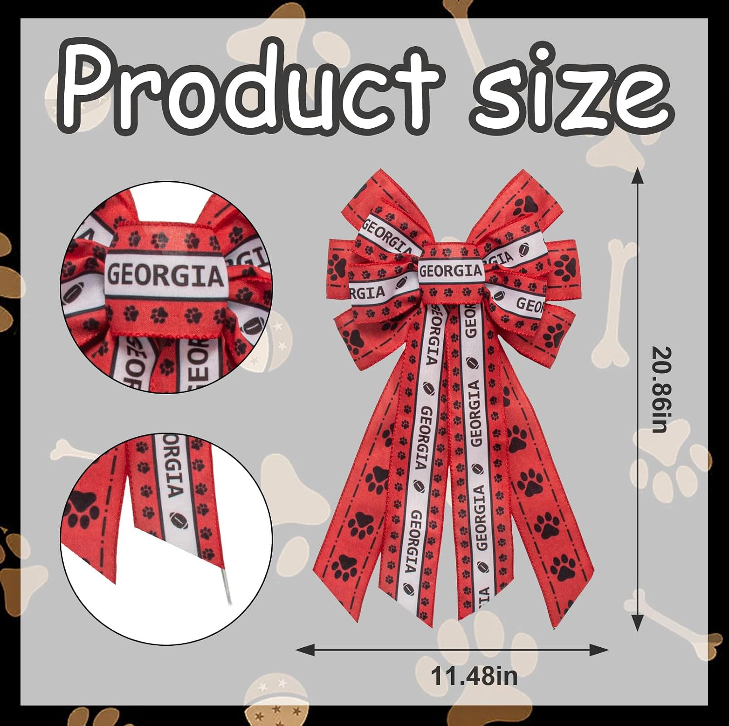 Large Georgia Bow for Wreath, American Football Wreath Bow for Front Door Sports Red Black Dog Paw Print Tree Topper Bows for Game Day Football Party Wall Indoor Outdoor Decoration Supplies