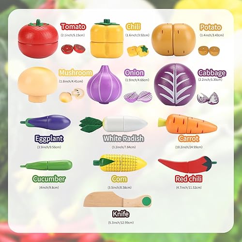 Miniatura 6 de Juguetes vegetales de madera para niños, juego de comida de juego de simulación para niños, juguete de cocina de corte magnético con canasta de