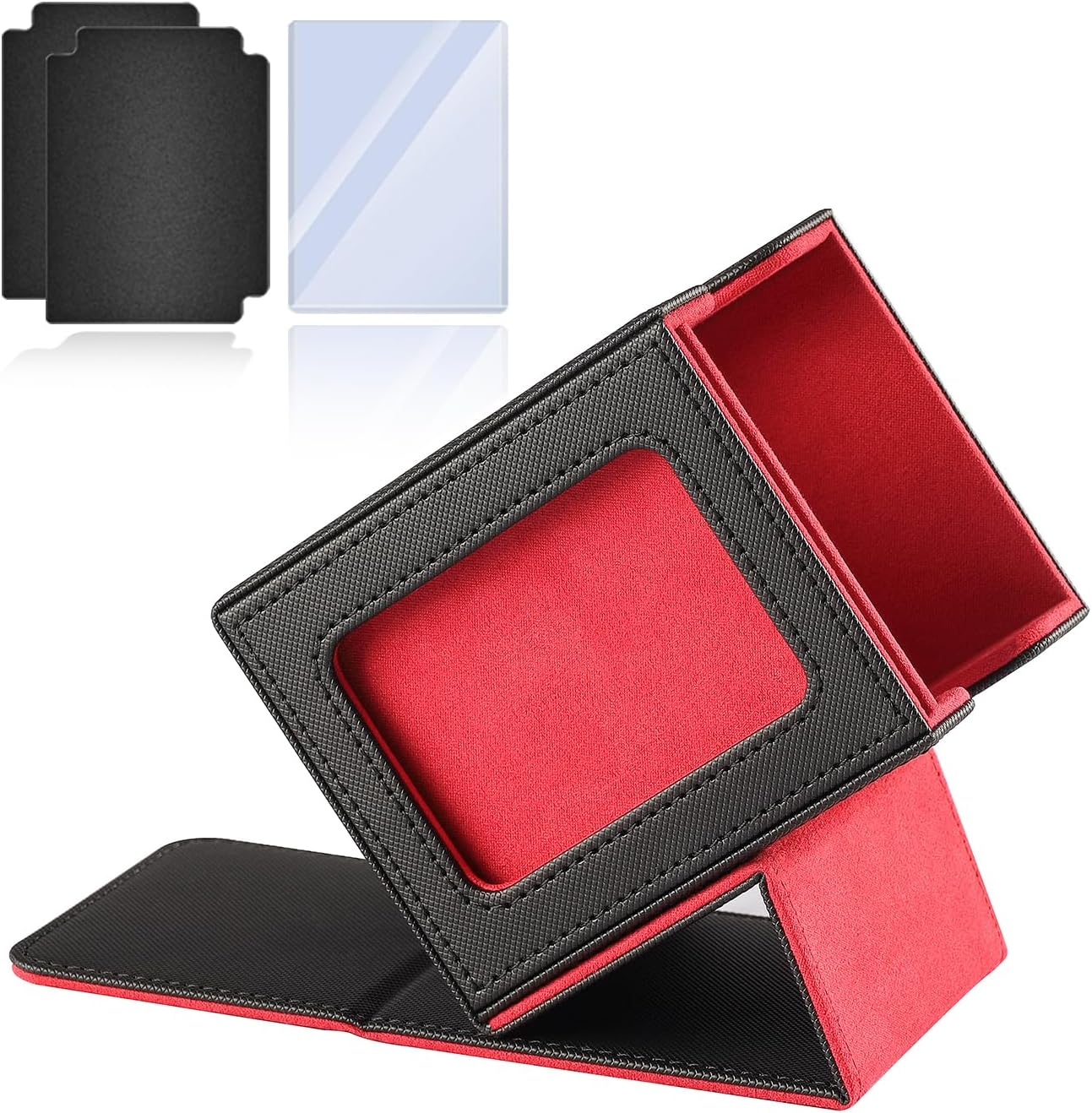 MTG Deck Box for Commander Display Window,Card Deck Box Fits 100 Double Sleeved Cards Applicable to All Card transactions Such as TCC/CCG/EDH (Black Red)