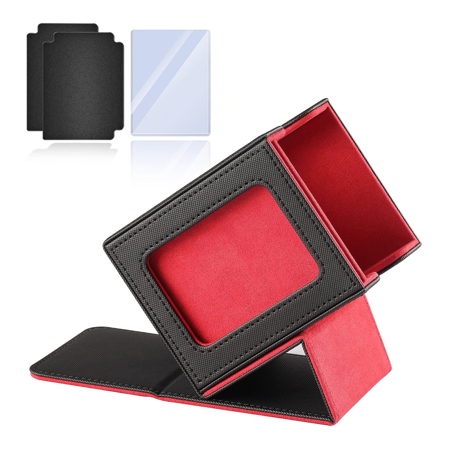 HSMH MTG Deck Box for Commander Display Window,Card Deck Box Fits 100 Double Sleeved Cards Applicable to All Card transactions Such as TCC/CCG/EDH (Black Red)