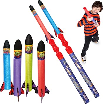 Geospace Hand Held Jr. Pump Rocket Combo Battle Pack Flying Foam Rockets Outdoor Toys for Kids, Boys & Girls 30" Set with 2 Launchers & 6 Rockets Set Hand Stomper Rocket Toy - Cool Toys for Fun