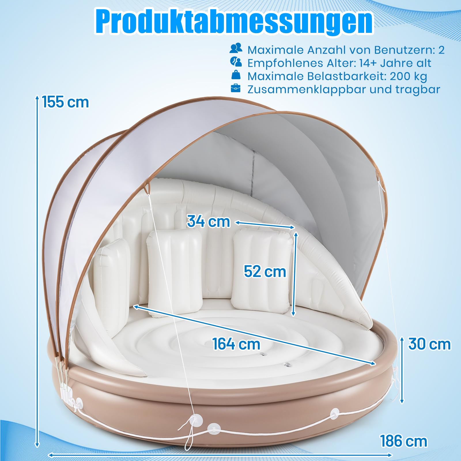 GYMAX Badeinsel Aufblasbar XXL, 186 x 186 cm, Schwimminsel mit Abnehmbarem SPF 50+ Sonnendach & 3 Kissen, 200 kg Belastbare Aufblasbare Insel für 2 Personen, Luftmatratze Wasser für Pool & Meer