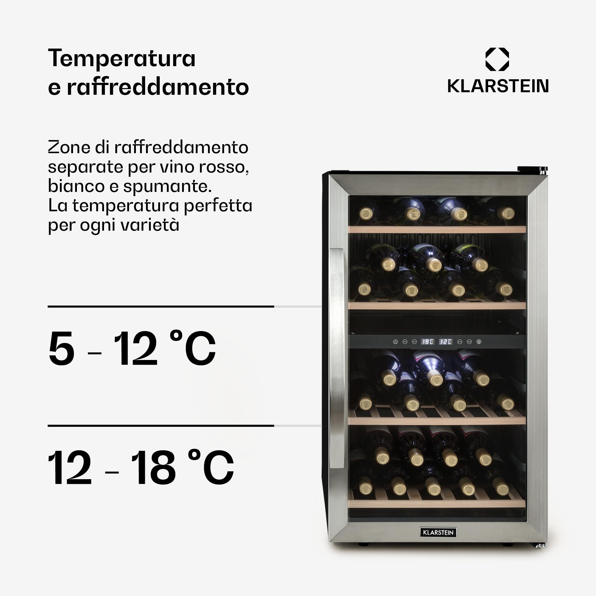 KLARSTEIN Cantinetta Vino, Cantinetta Vino Refrigerata a Zona Doppia per Interno/Esterni, Frigo Bar, Cantina Vino con Vetrina, Mini Bar con Protezione UV, Frigo Vino Touch, 5-18°C, 45 Bottiglie