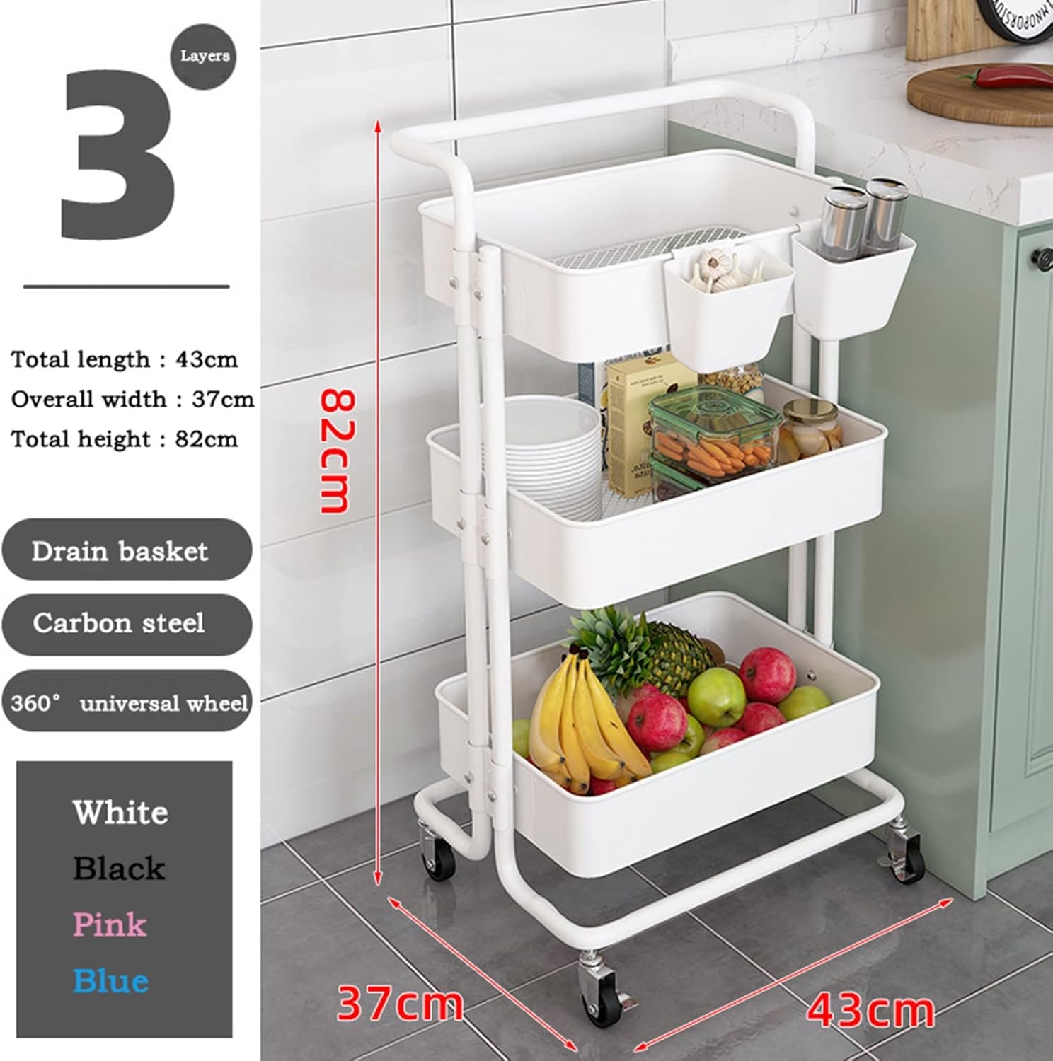 Kitchen Storage Cabinets 3-Tier Multifunctional Rolling Utility Cart with Basket Dividers Trolley Rack Kitchen Storage Rack Mobile Snack Cart Kitchen Shelves (Color : Gray)
