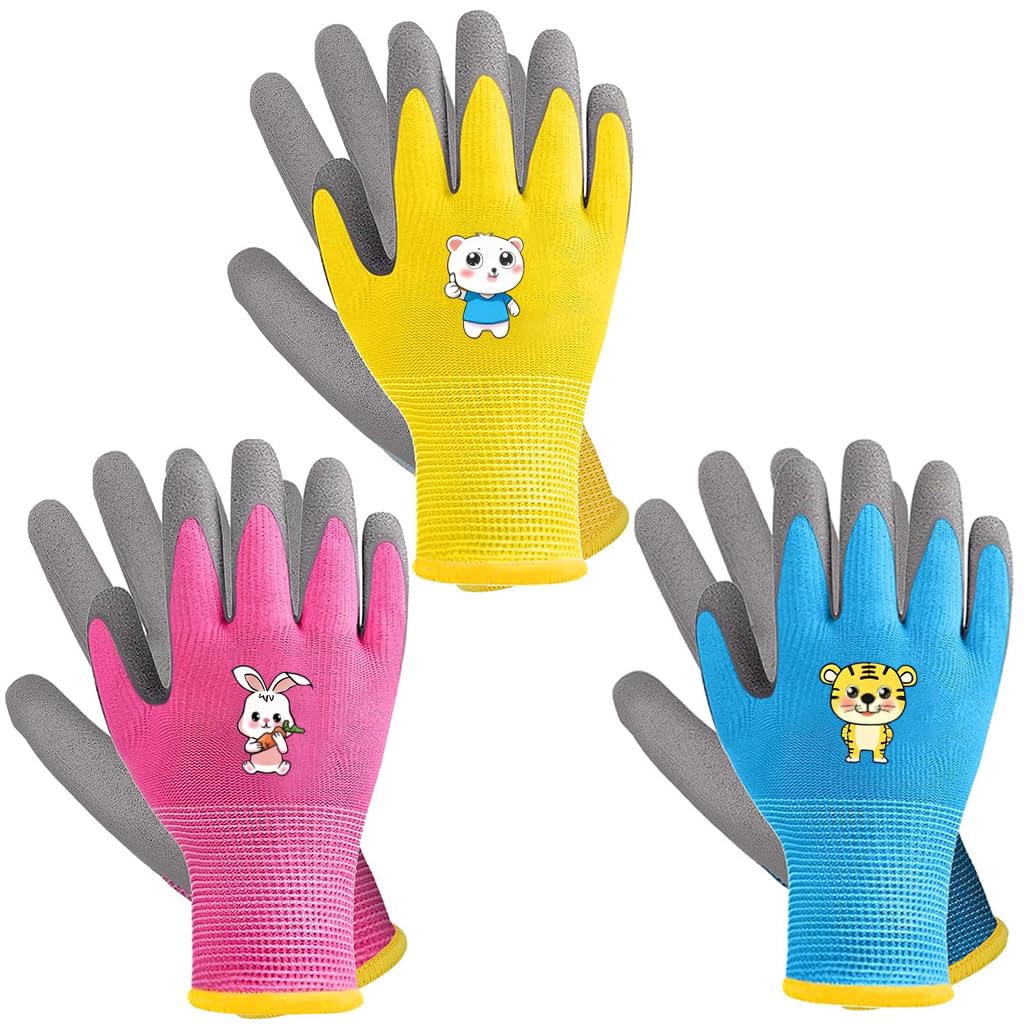 HASTHIP® 3 Pairs Kids Rubber Gardening Gloves with Protective Rubber Coated Digging Field Trip Gloves for Kids 5-9 Years Old, Suitable for Gardening, Beaches, and Various Places of Play